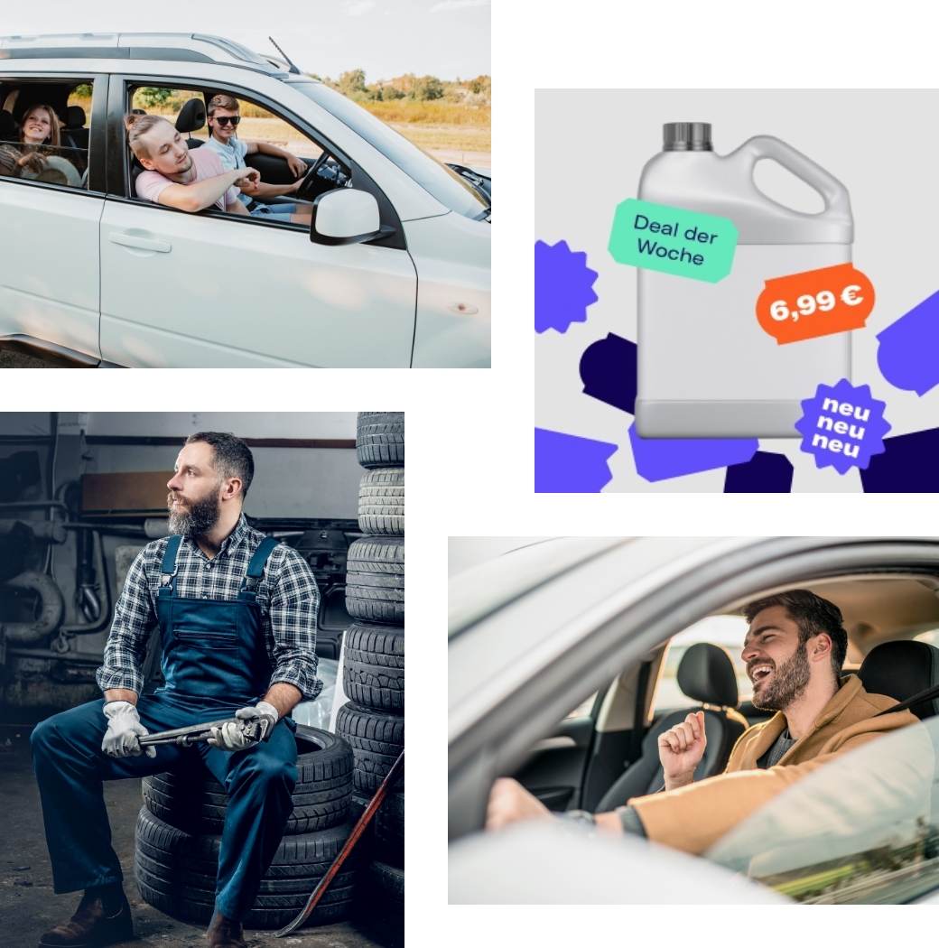 Collage zur neuen kfzteile24-Bildsprache mit Szenen aus Werkstatt und Alltag