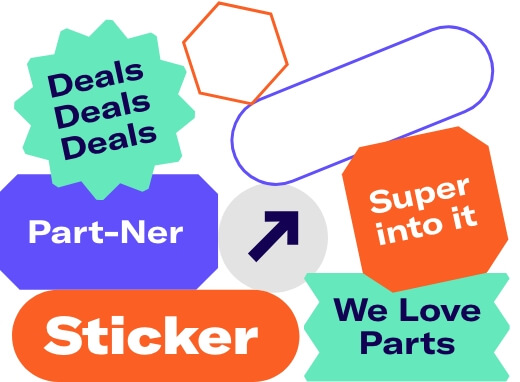 Bunte kfzteile24-Sticker zur Hervorhebung wichtiger Infos im Design